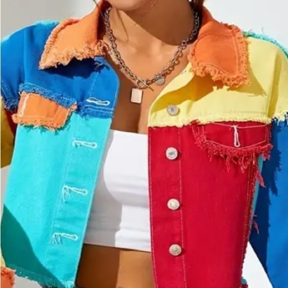 Color Block Raw Hem Frayed Button Up Jacket - Picture 3 of 4